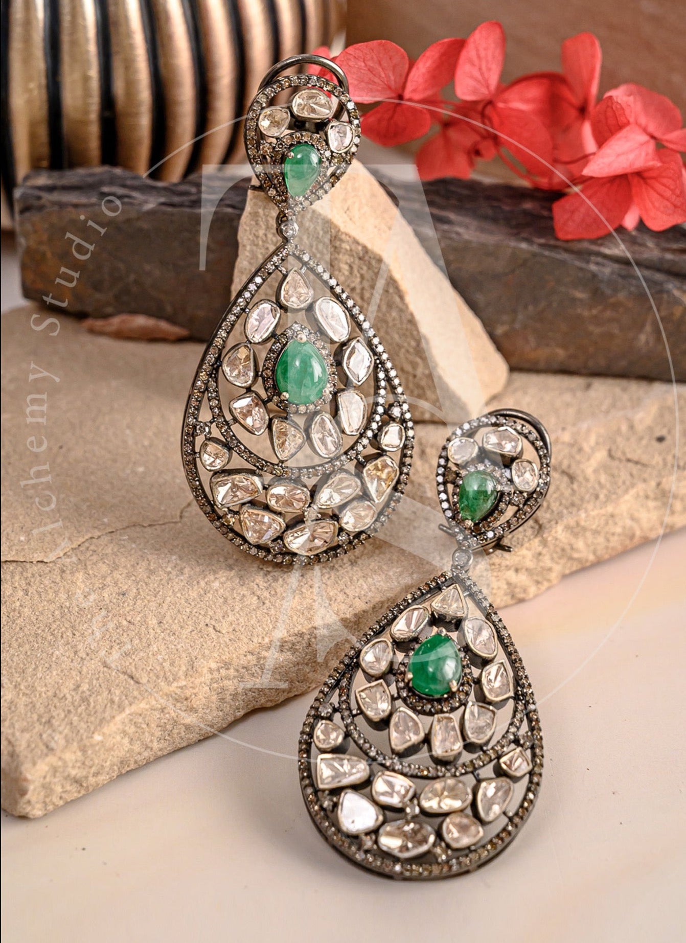 Emerald and Uncut Diamond Chaandbali Earrings