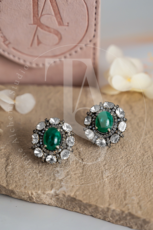 Cabochan Emerald Uncut Diamond Studs