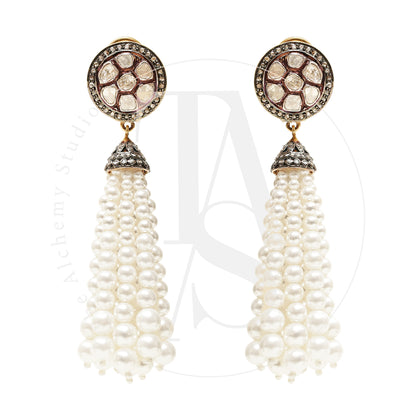 Piccolo Round Uncut Diamond Earrings with Pearl Fringe