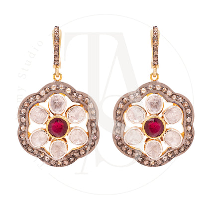 Cascading Bloom Rose Uncut Diamond and Ruby  Earrings