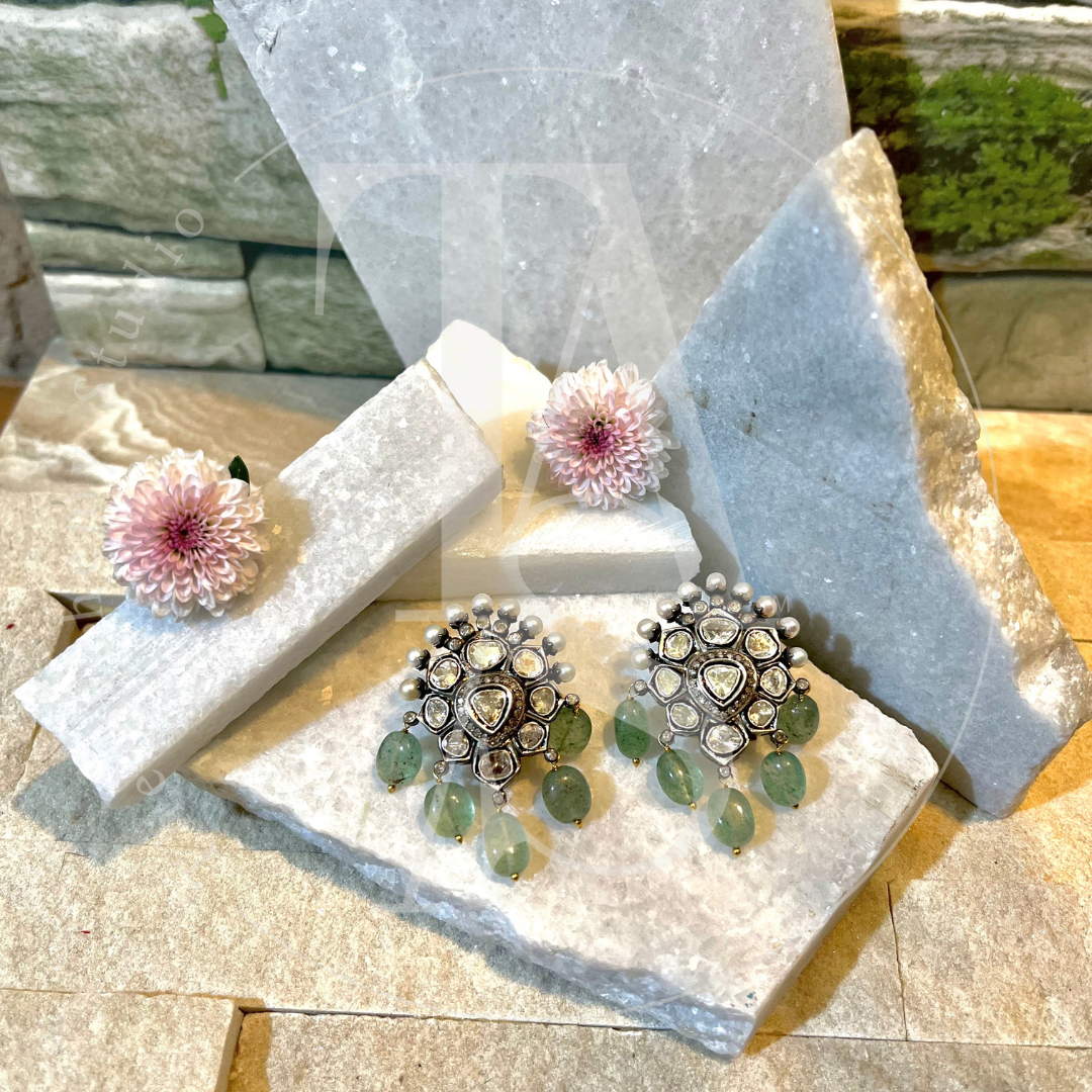 Emerald Wildflower and Uncut Diamond Earrings