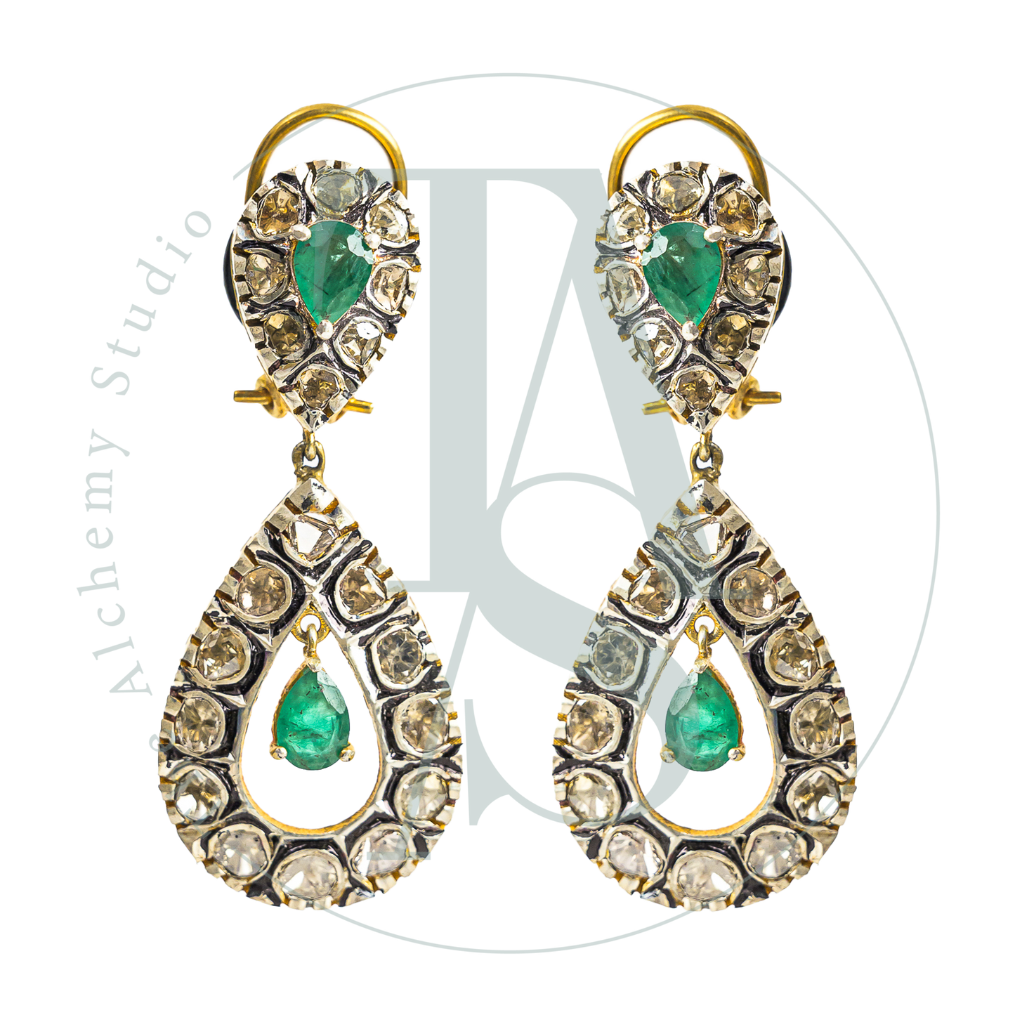 Jiva Emerald and Uncut Diamond Drop Chaand Earrings
