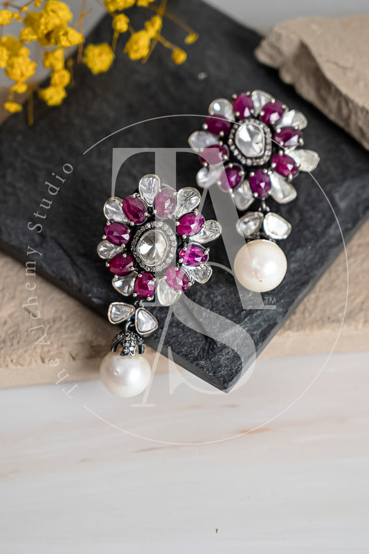 Overlapping Ruby and Uncut Diamond Flower Earrings with Pearl Dropping
