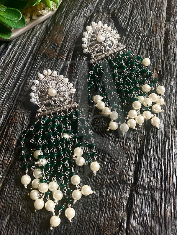 Pearl and Emerald Flare Fringe Earrings