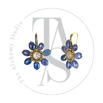 Tanzanite Bead and Uncut Diamond Flower Earrings