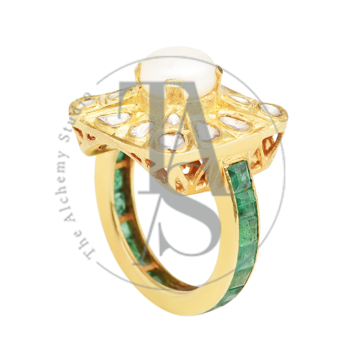 Tordis Pearl and Uncut Diamond Emerald Ring