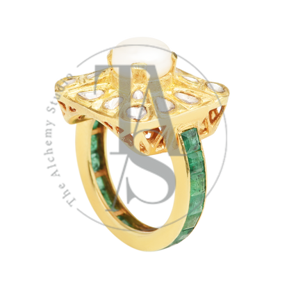 Tordis Pearl and Uncut Diamond Emerald Ring