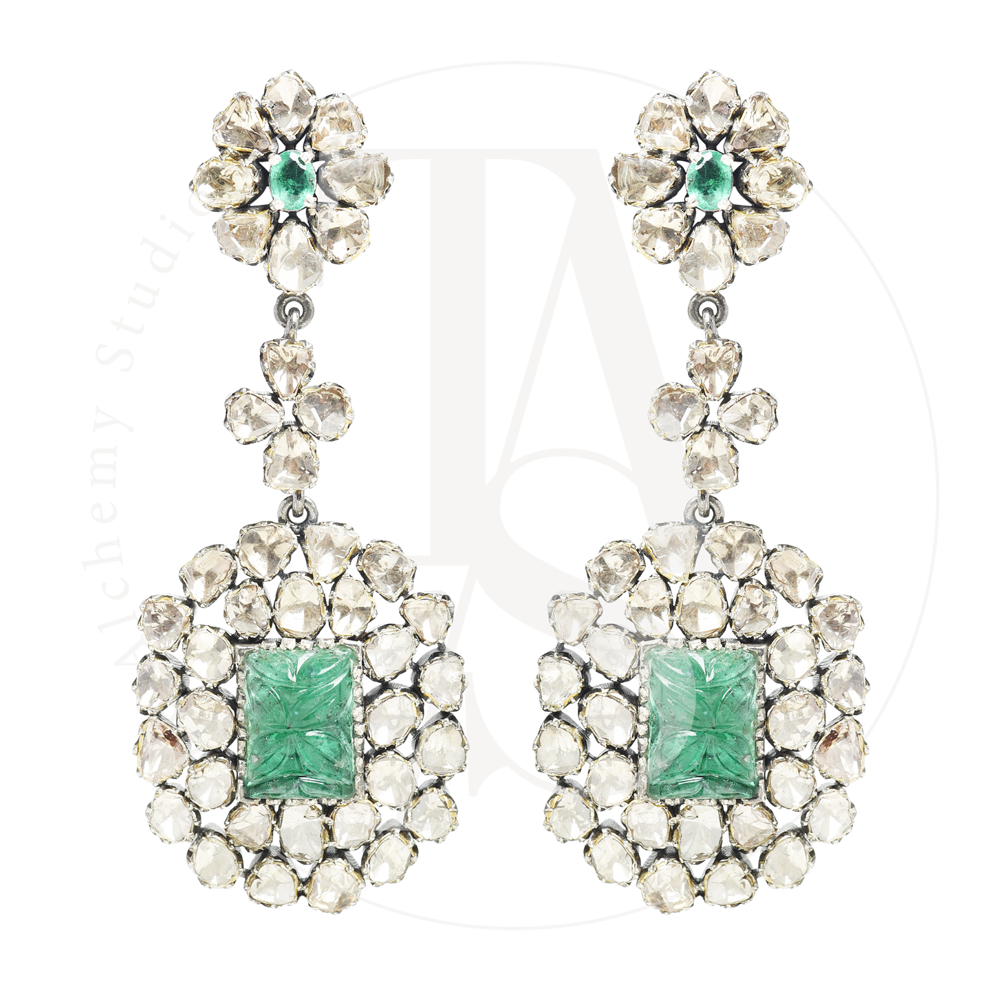 Empress Emerald and Uncut Diamond Earrings