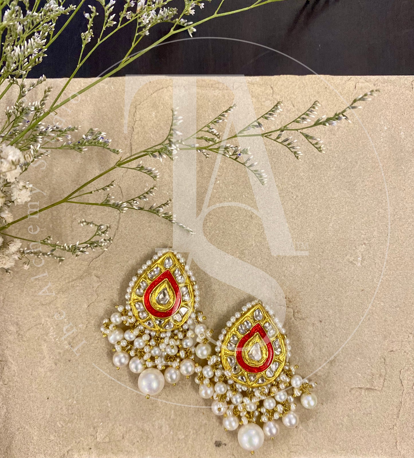 Ambi Uncut Diamond Earrings with Red Enamel