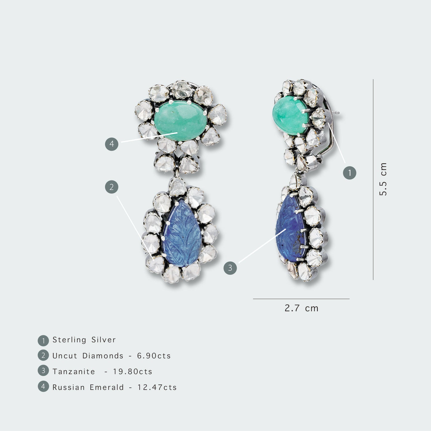 Tanzanite and Emerald Floral Flow Uncut Diamond Earrings