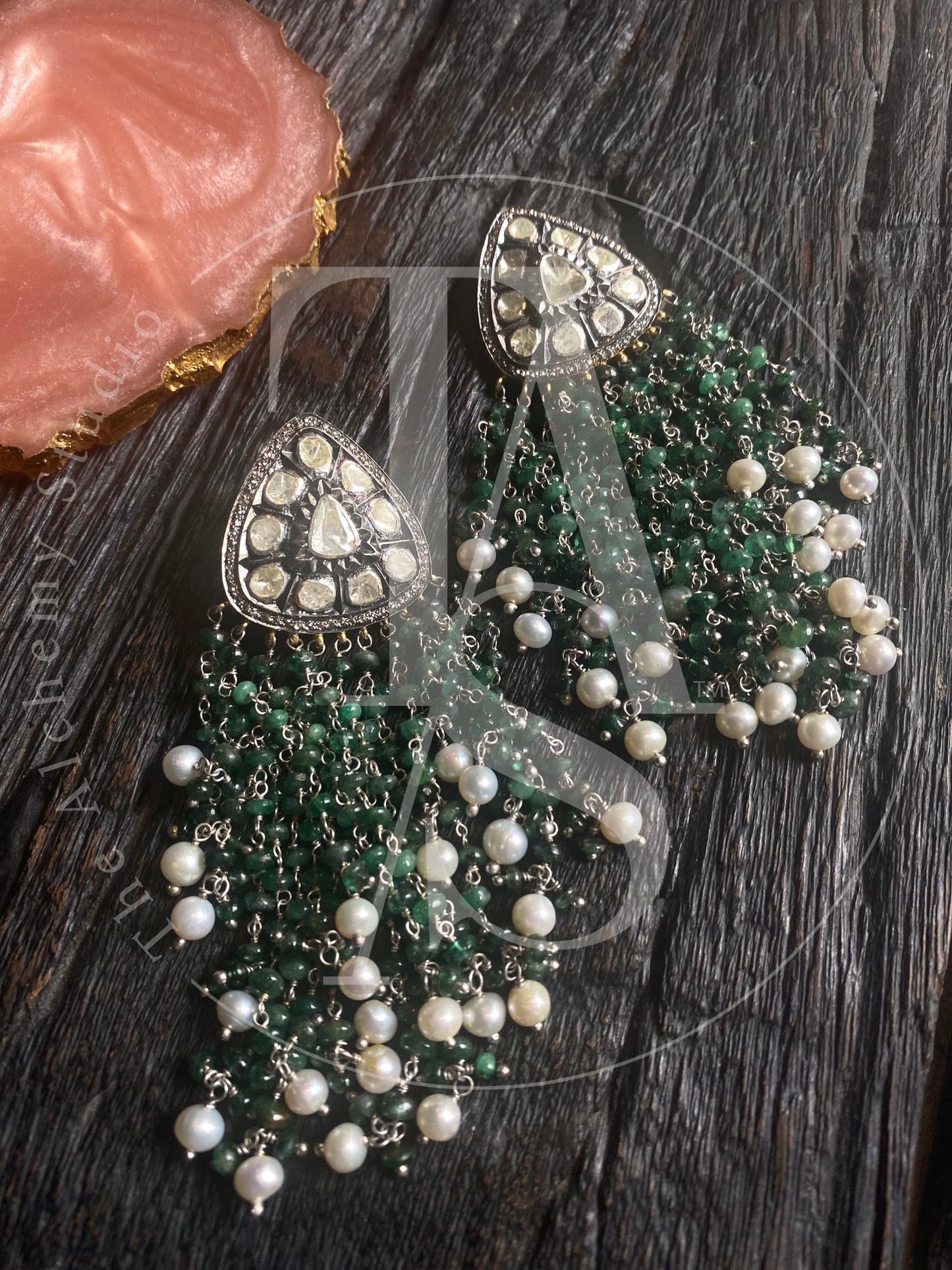 Trillion Uncut Diamond and Emerald Fringe Earrings