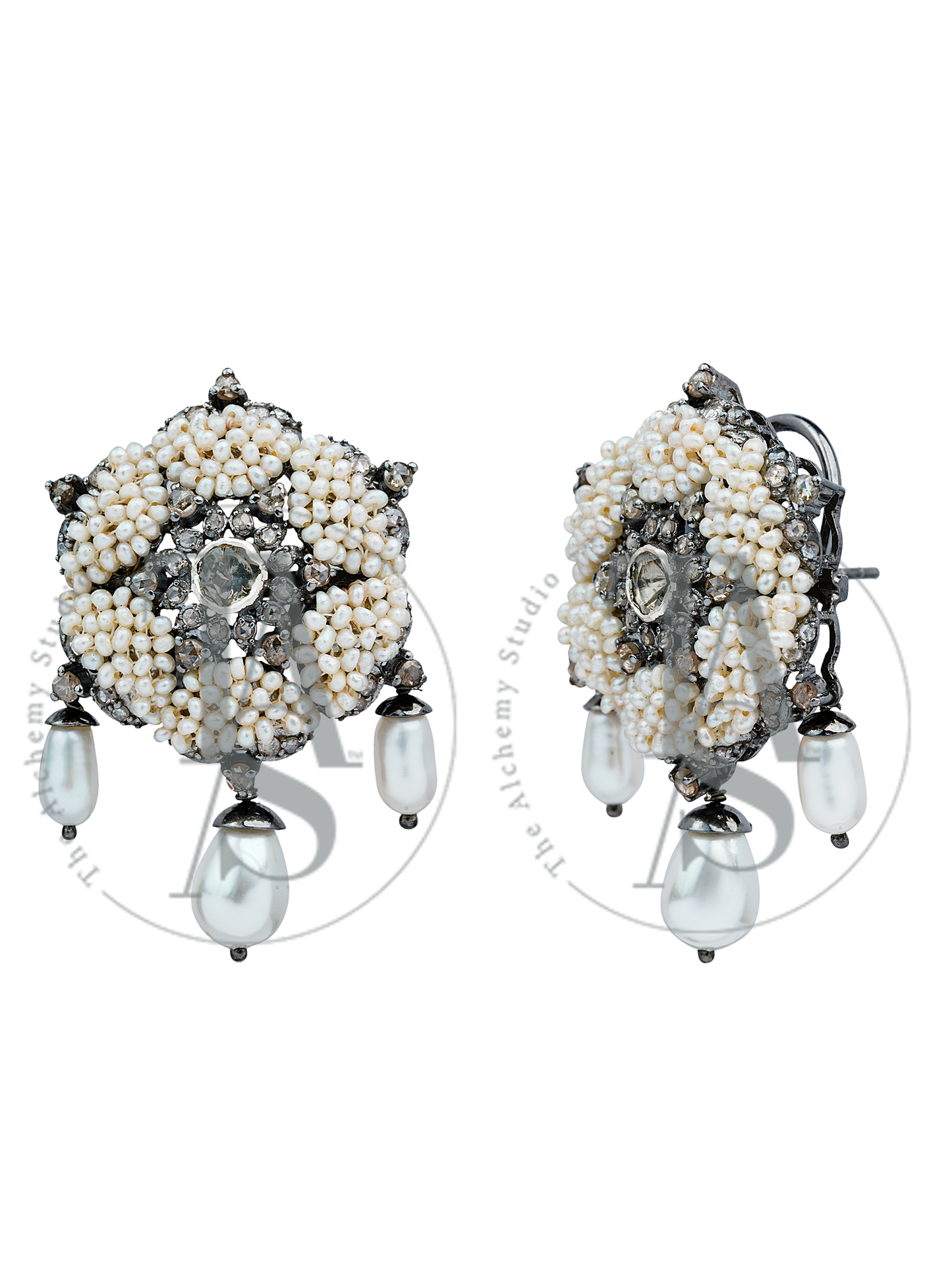 Woven Star Rose Cuts Diamond Pearl Drop Earrings
