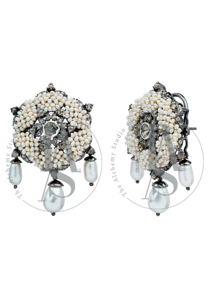 Woven Star Rose Cuts Diamond Pearl Drop Earrings