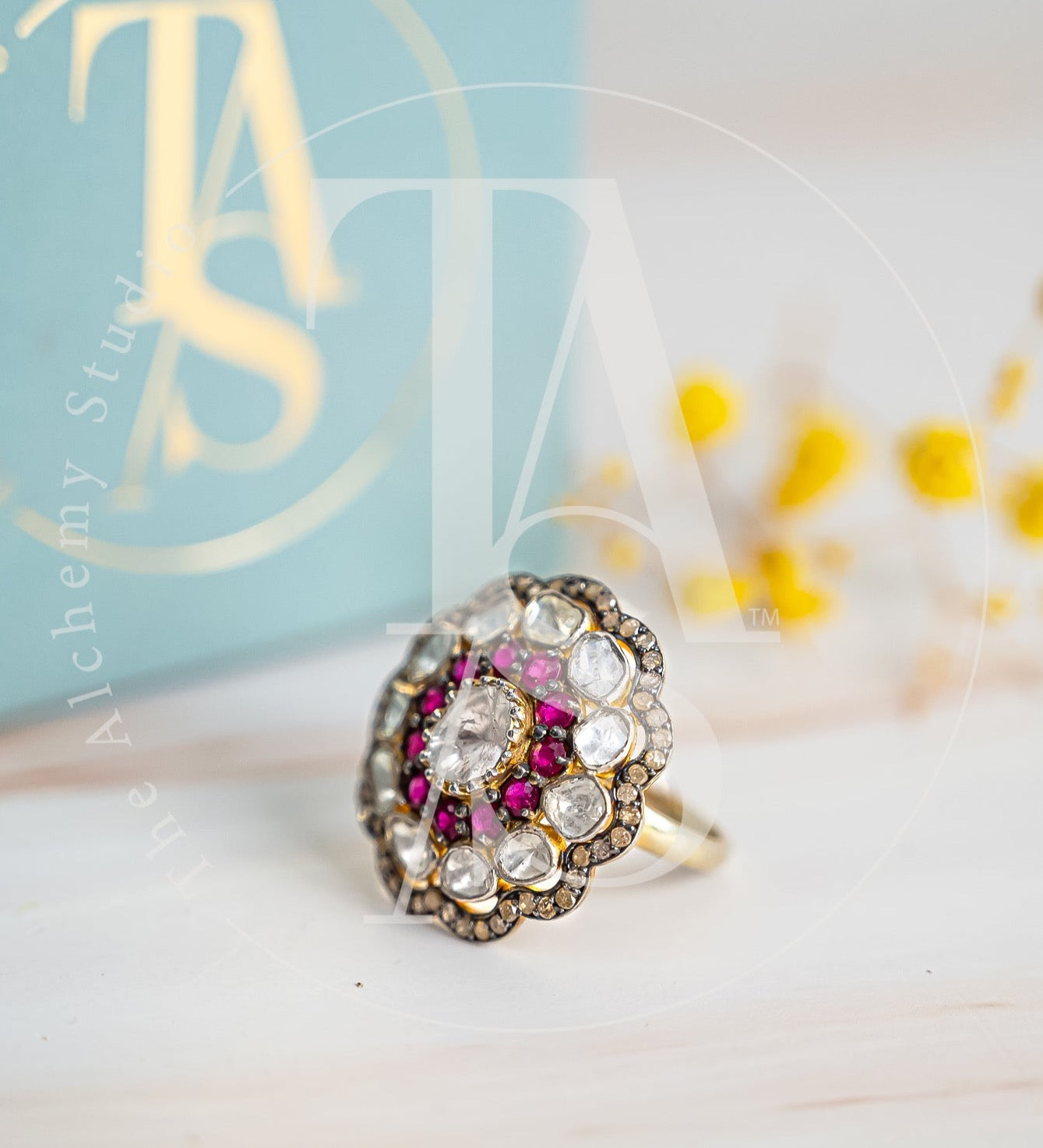 Astrales Flower Ruby and Uncut Diamond Ring