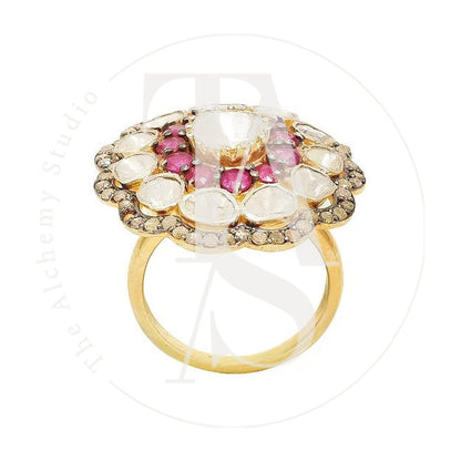 Astrales Flower Ruby and Uncut Diamond Ring