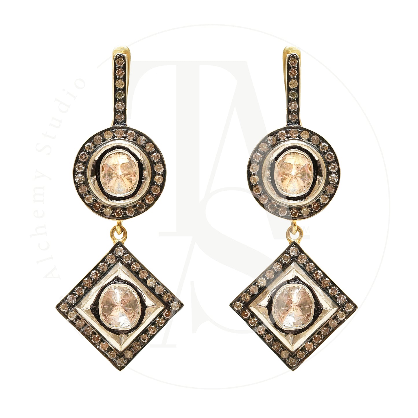 Jessica Round and Square Uncut Diamond Dangling Earrings