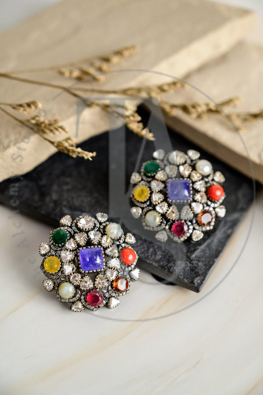 Vintage Navratan Oversized Uncut Diamond Earrings