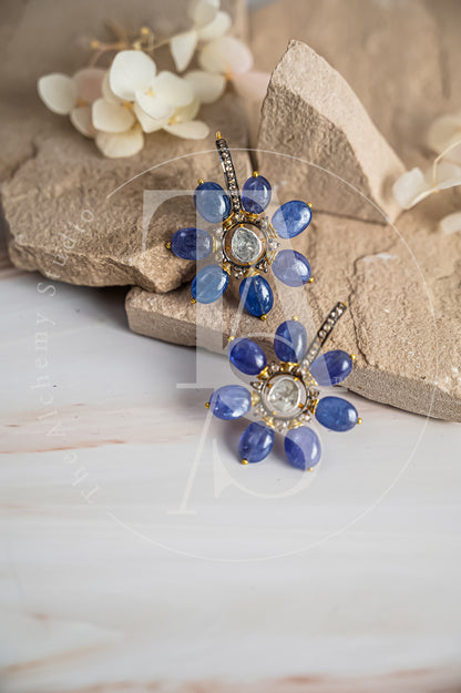 Tanzanite Bead and Uncut Diamond Flower Earrings