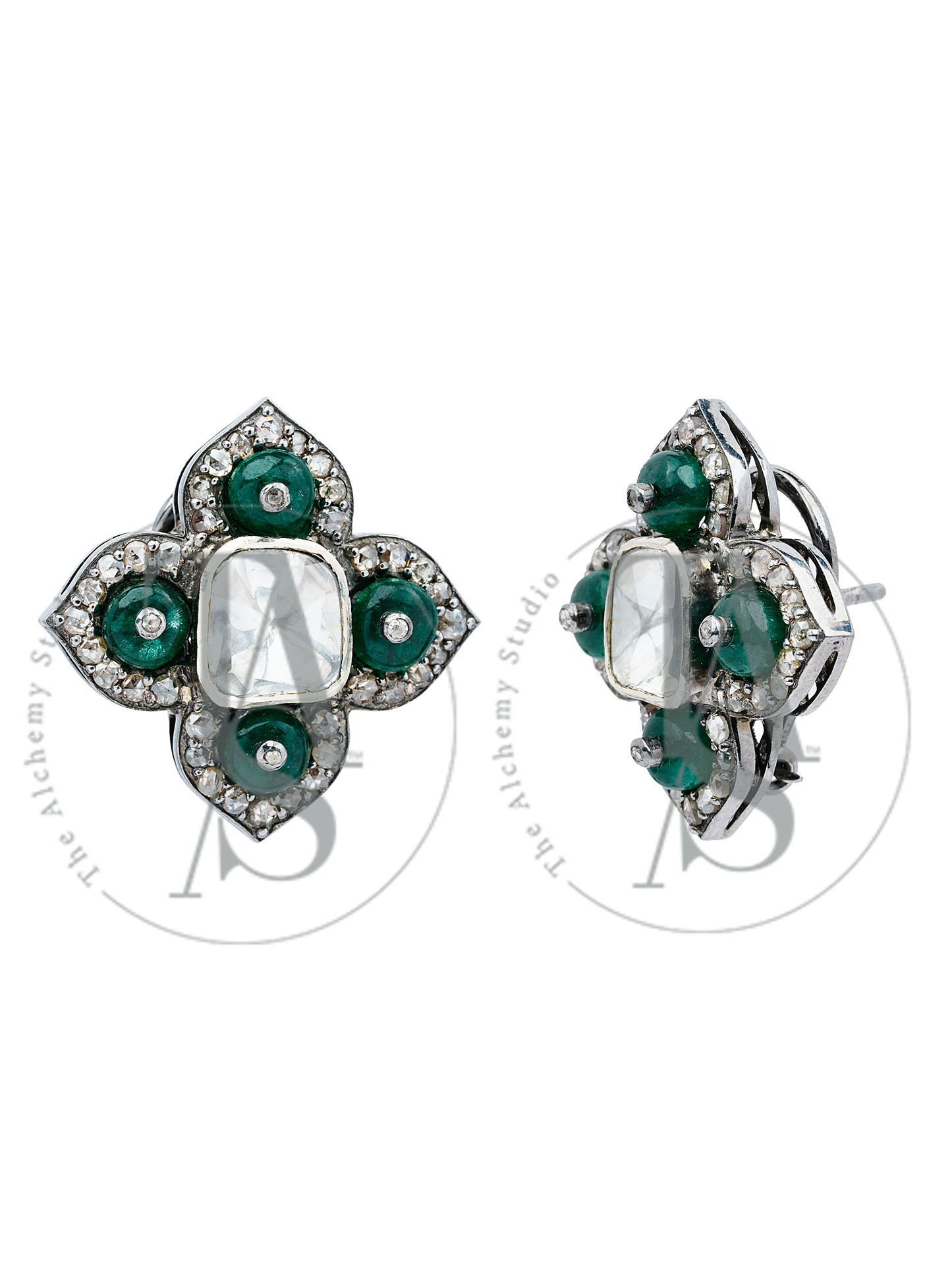 Four Petal Emerald Uncut DiamoFour Petal Emerald Uncut Diamond Earringsnd Earrings