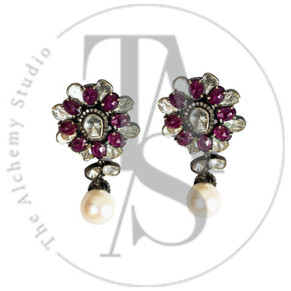 Overlapping Ruby and Uncut Diamond Flower Earrings