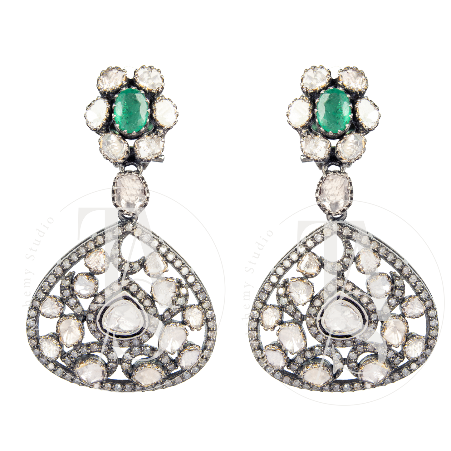 Adella Emerald Flower Uncut Diamond Earrings