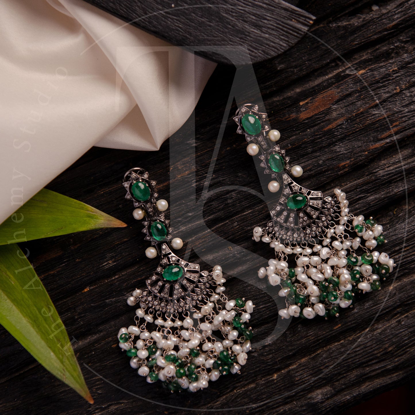 Emerald and Pearl Flare Fringe Earrings