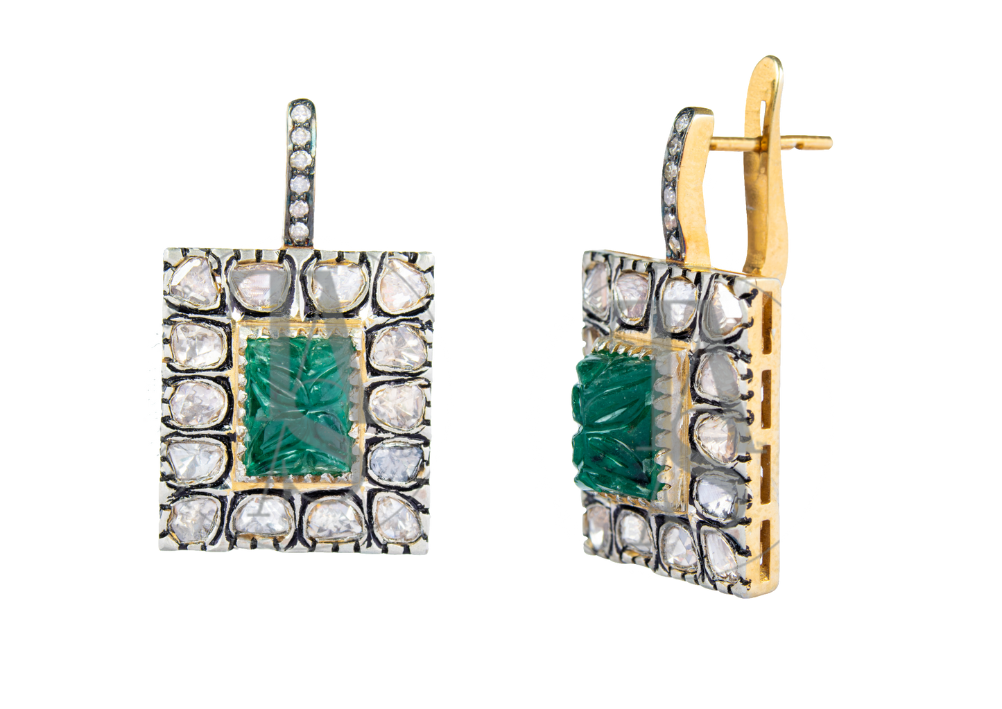 Carved Emerald Ray Square Uncut Diamond Earrings