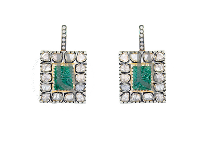 Carved Emerald Ray Square Uncut Diamond Earrings